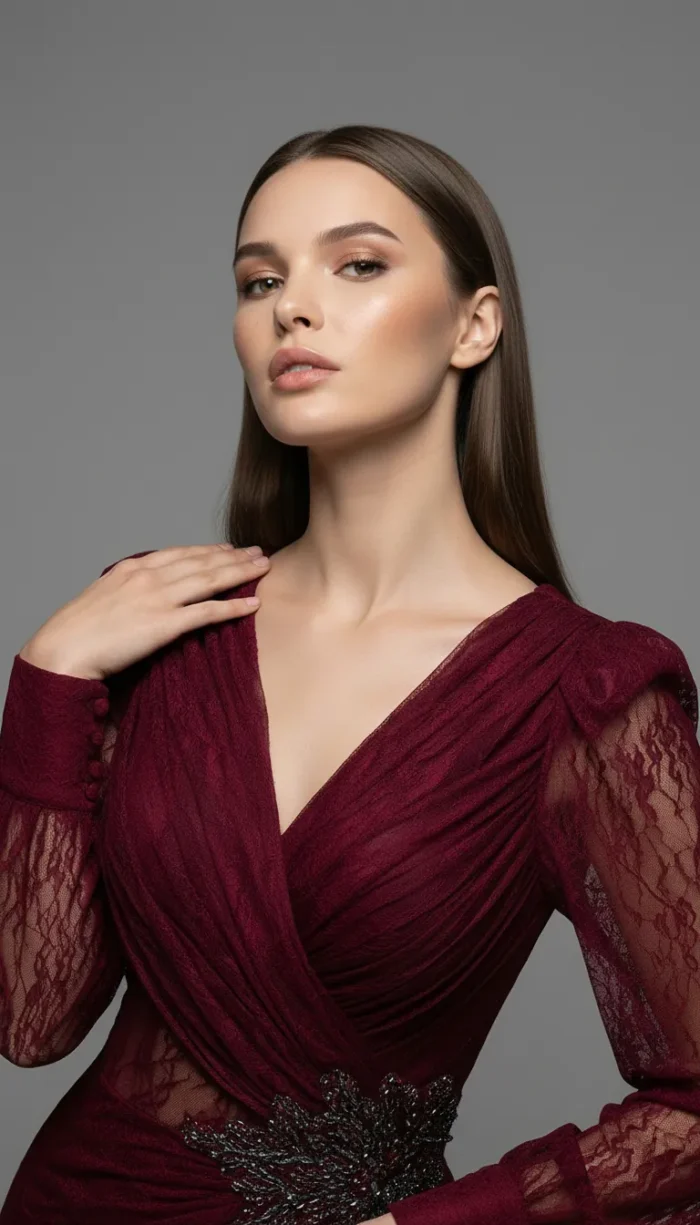 ⁦فستان سهرة دانتيل بأكمام وشق جانبي⁩ - الصورة ⁦16⁩