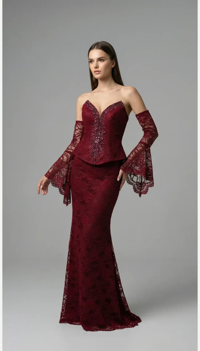 صورة 3 لـفستان سهرة دانتيل بأكمام منسدلة من LAVYA – موديل LV-026