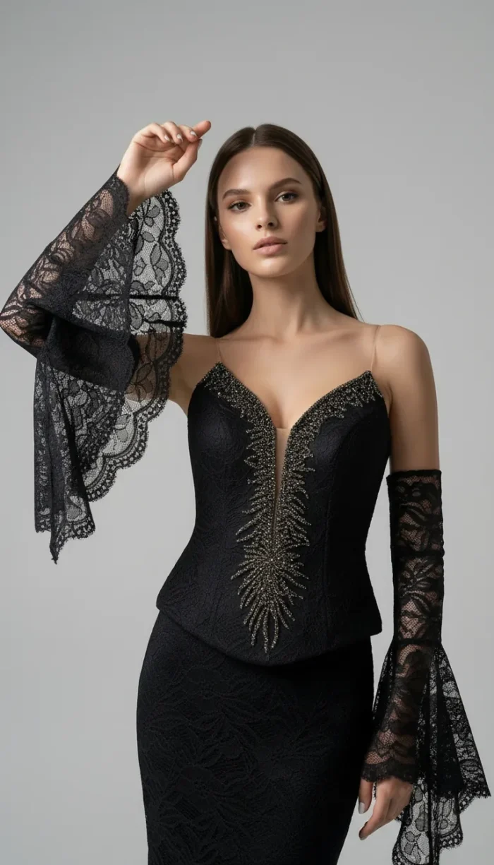 صورة 4 لـفستان سهرة دانتيل بأكمام منسدلة من LAVYA – موديل LV-026