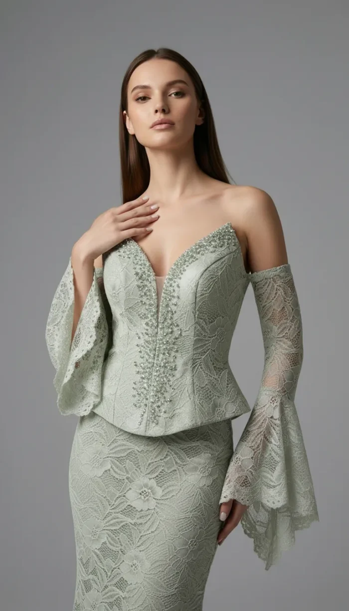 صورة 10 لـفستان سهرة دانتيل بأكمام منسدلة من LAVYA – موديل LV-026